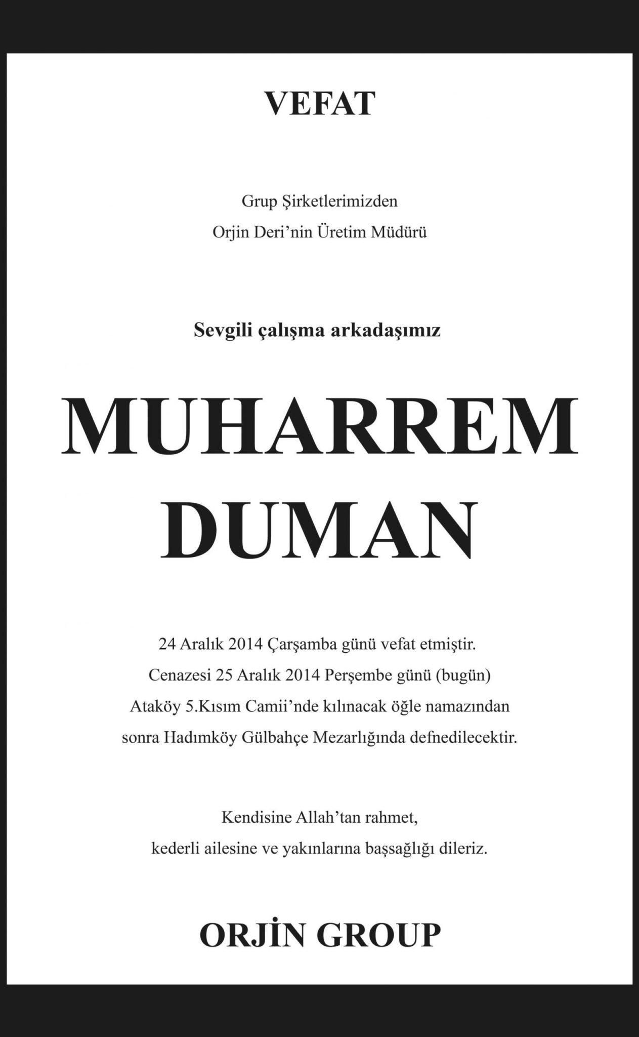 Hürriyet  tam sayfa vefat ilan