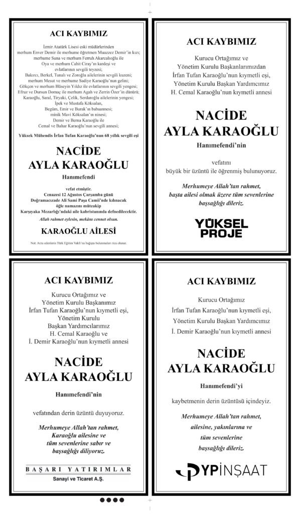 11 Ağustos 2026 Hürriyet Gazetesi Vefat ve Başsağlığı İlanları.