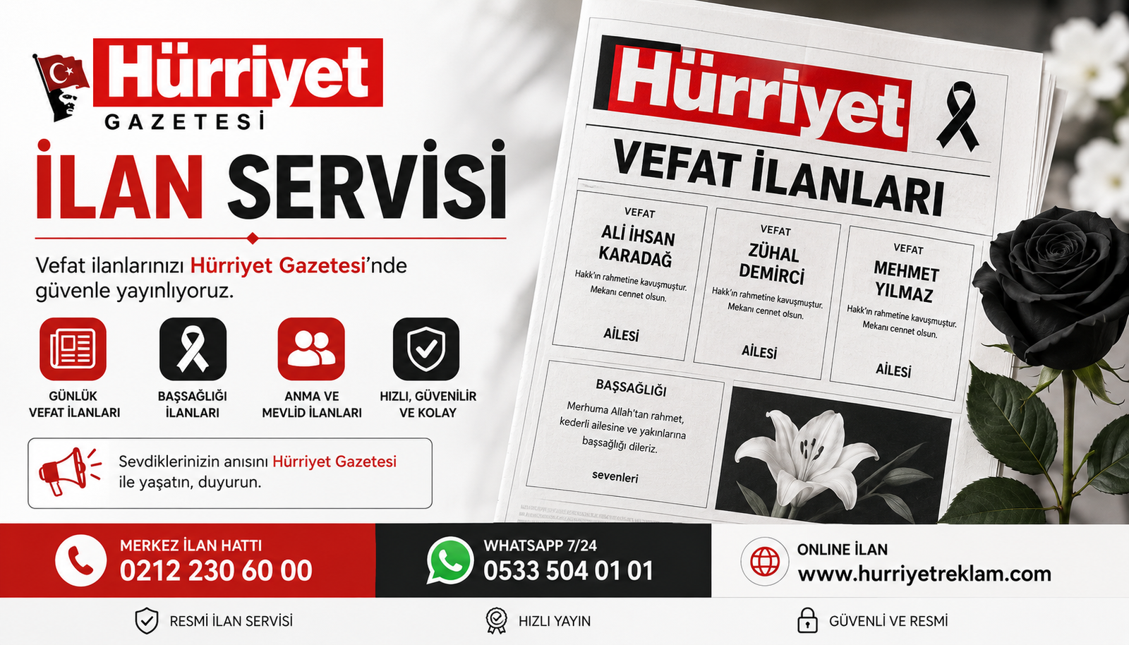 Hürriyet Gazetesi İlan Servisi bugünkü vefat ilanları